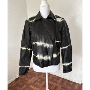 Tribal Women's Black Tie Dye Print Leather Jacket With Side Zipper Size S